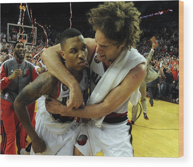 Playoffs Wood Print featuring the photograph Damian Lillard and Robin Lopez by Steve Dykes