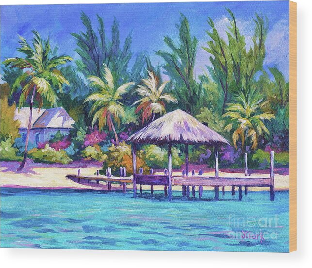 Dock Wood Print featuring the painting Dock with Thatched Cabana by John Clark
