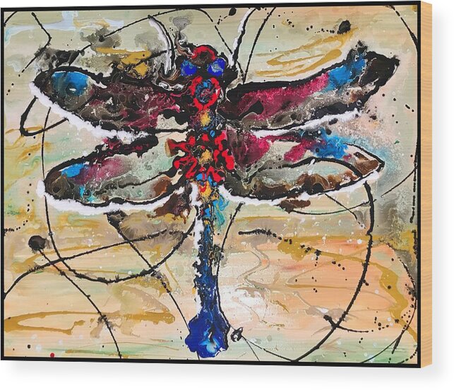 Dragonfly Wood Print featuring the painting Dragon fly fly away by Sergio Gutierrez