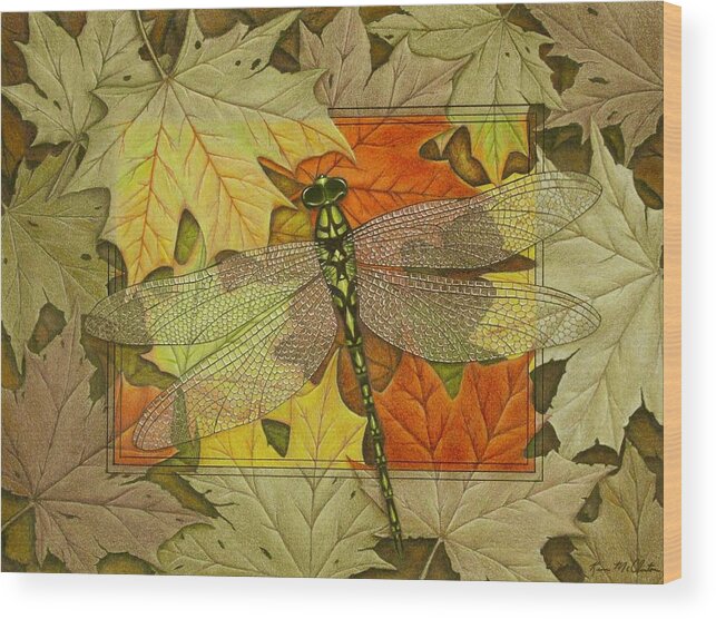 Kim Mcclinton Wood Print featuring the drawing Dragonfly Fall by Kim McClinton