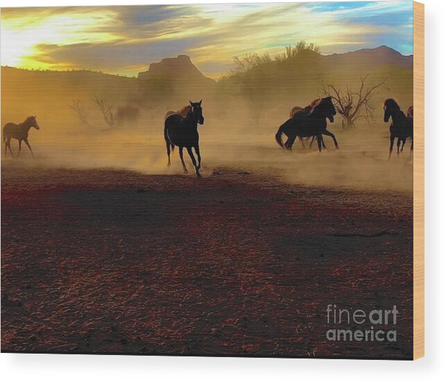 Salt River Wild Horses Wood Print featuring the digital art Dust Storm Rollin In by Tammy Keyes