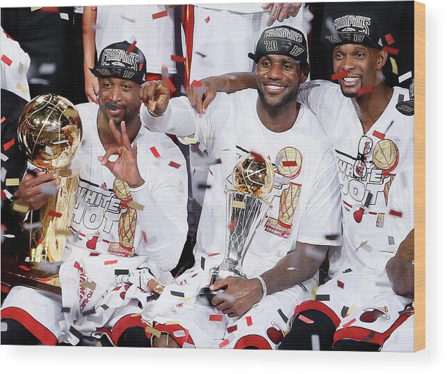 Playoffs Wood Print featuring the photograph Dwyane Wade, Chris Bosh, and Lebron James by Kevin C. Cox