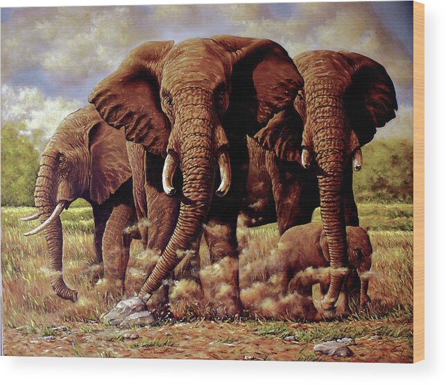 Elephant Wood Print featuring the painting Elephants Challenge by Charles Berry