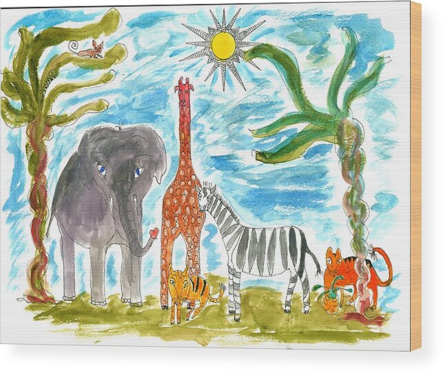 Elephoot Wood Print featuring the painting Elephoot Visits the Zoo by Helen Holden-Gladsky