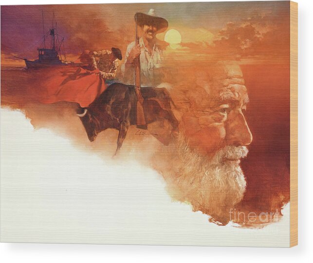 Dennis Lyall Wood Print featuring the painting Ernest Hemingway by Dennis Lyall