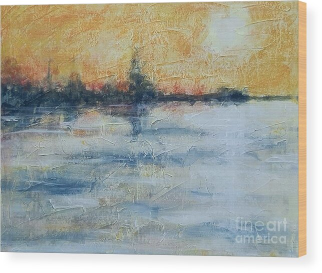 Water Abstract Impressionist Land Sun Sky Trees Hills Black White Orange Yellow Blue Reflection Shadows Texture Marks Wood Print featuring the painting Evening by Ida Eriksen