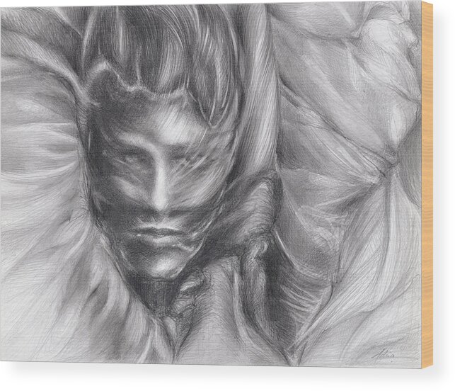 Female Wood Print featuring the drawing Fantasma, pencil on paper by Adriana Mueller