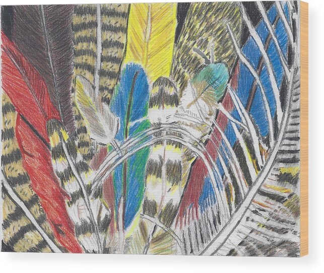 Feathers Wood Print featuring the drawing Feathers Colorful Hand Drawn Colored Pencil Drawing of Bird Plumage by Ali Baucom
