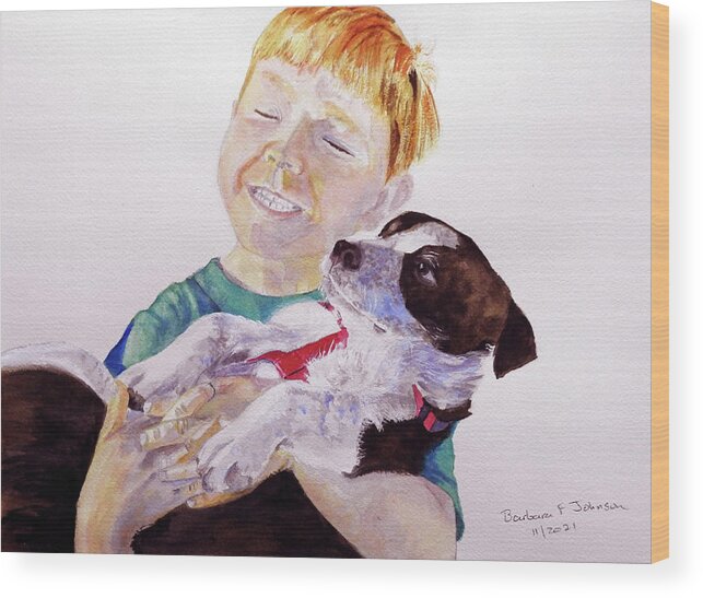 Puppy Wood Print featuring the painting First Love by Barbara F Johnson