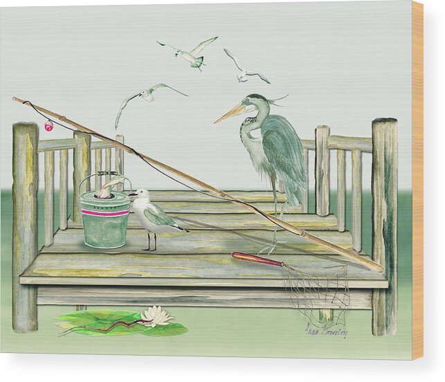Blue Heron Wood Print featuring the painting Fishing from the Pier by Anne Beverley-Stamps