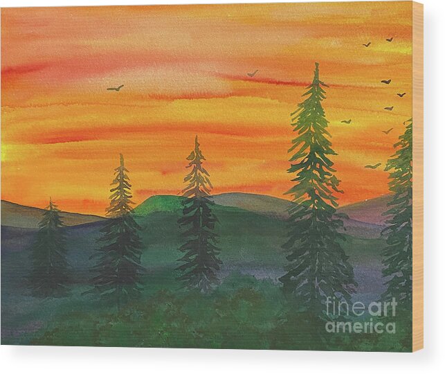 Tress Wood Print featuring the painting Five Tree Sunset by Lisa Neuman