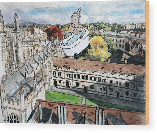 Flying Wood Print featuring the painting Flying My Bathtub Over All Souls by Pauline Lim