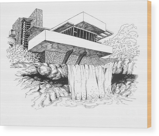 Frank Lloyd Wright's - Falling Water Architecture Wood Print featuring the drawing Frank Lloyd Wright Falling Water Architecture by Robert Birkenes
