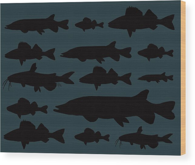 Freshwater Fish Wood Print featuring the digital art Freshwater fishes black on blue by Rebecca Eberts