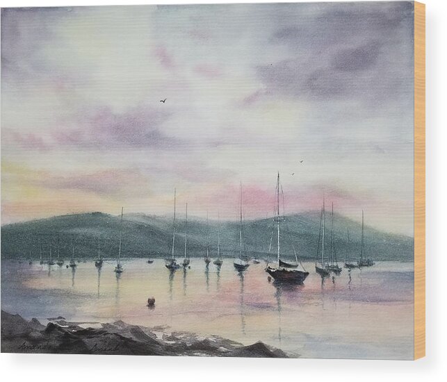 Boat Moorings Wood Print featuring the painting Grateful Harbor by Amanda Amend