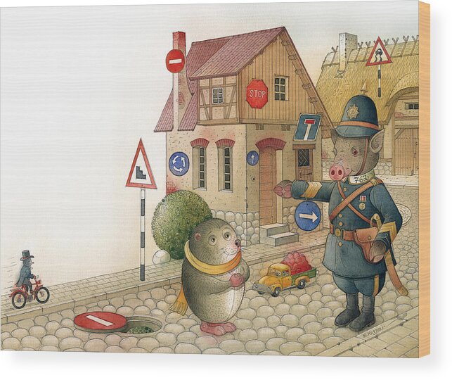 Hedgehog Traffic Street Signs Police Policeman Wood Print featuring the drawing Hedgehog by Kestutis Kasparavicius