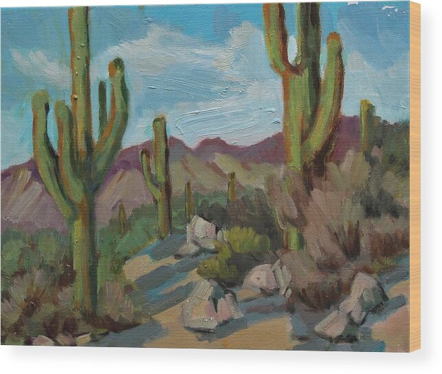 Saguaro Wood Print featuring the painting Hiking Trail Lake Pleasant Arizona by Diane McClary