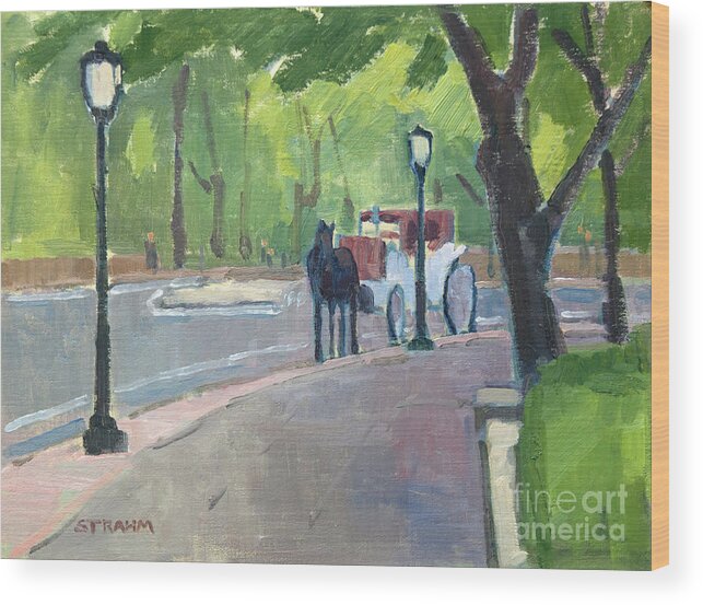 Horse Carriage Wood Print featuring the painting Horse Carriage in Central Park - New York City by Paul Strahm