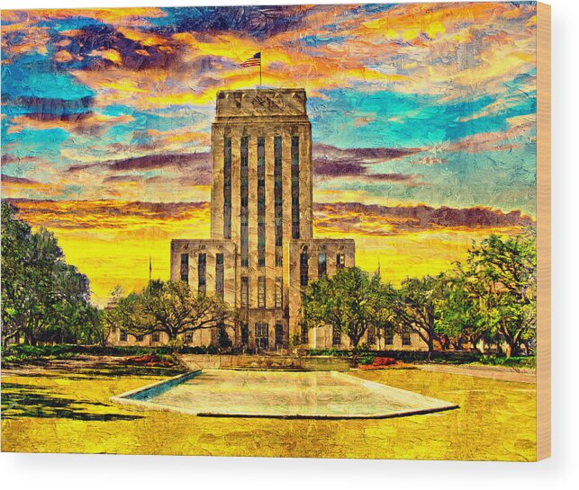 Houston City Hall Wood Print featuring the digital art Houston City Hall at sunset - digital painting by Nicko Prints