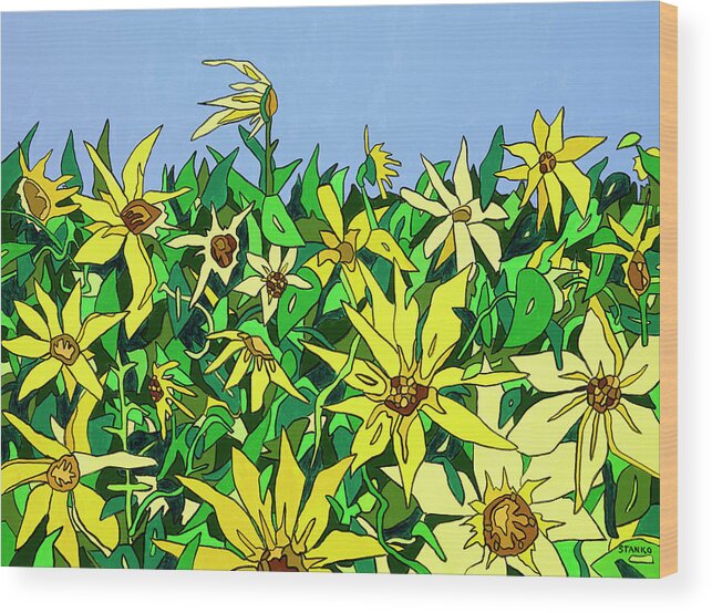 Sunflowers Long Island Summer Flowers Sun Wood Print featuring the painting In Northfork Gardens by Mike Stanko