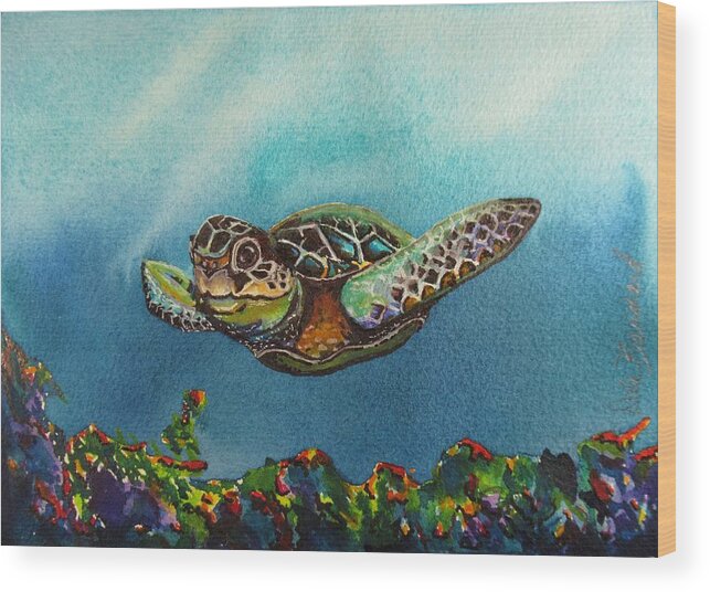 Sea Turtle Wood Print featuring the painting In The Flow by Dale Bernard