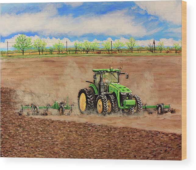 Farming Wood Print featuring the painting John Deere 8345R Tractor Pulling a Cultivator by Karl Wagner