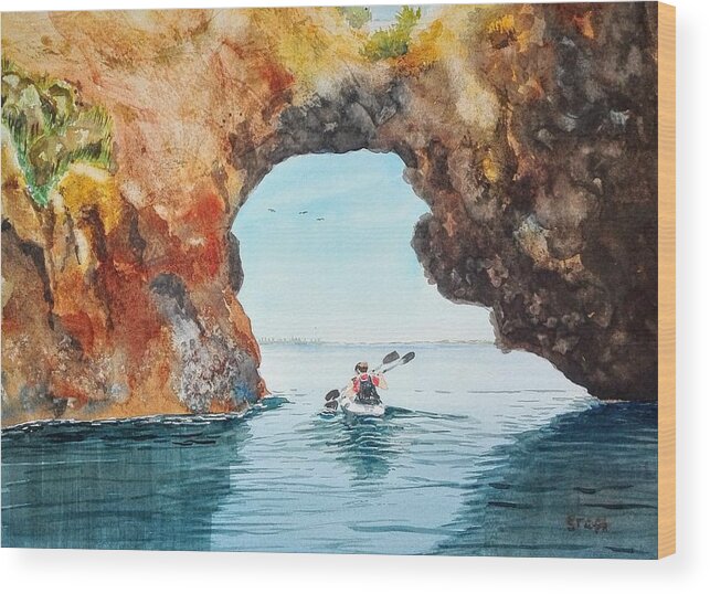 Seascape Wood Print featuring the painting Kayak Lagos Grotto by Sandie Croft
