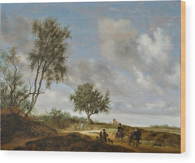 Salomon Van Ruysdael Wood Print featuring the painting Landscape with Hunting Party by Salomon van Ruysdael