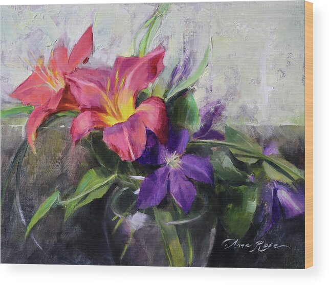 Lilies Wood Print featuring the painting Lilies and Clematis by Anna Rose Bain