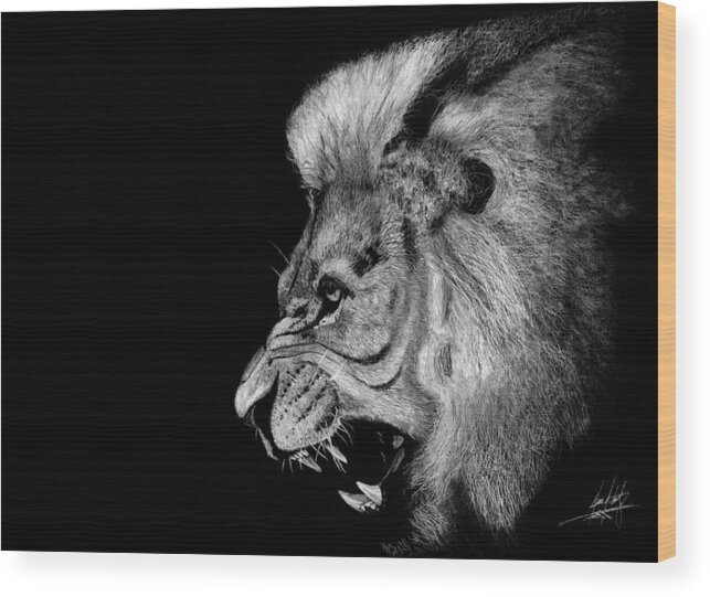 Lion Wood Print featuring the drawing Lion's Fury by James Schultz