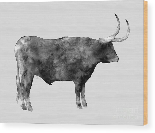 Longhorn Wood Print featuring the painting Longhorn in black and white by Hailey E Herrera