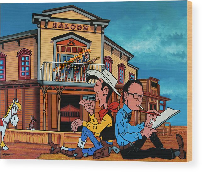 Lucky Luke Wood Print featuring the painting Lucky Luke and Morris Painting by Paul Meijering