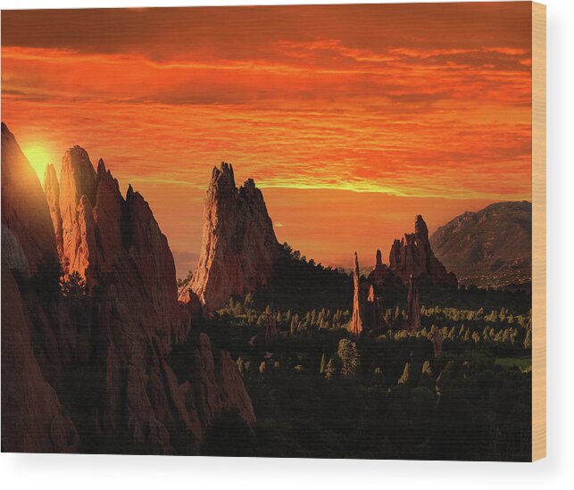 Stunning Sunrise Wood Print featuring the photograph Magical Sunrise Over Garden Of Gods Park by Dan Sproul