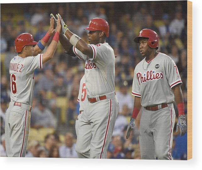National League Baseball Wood Print featuring the photograph Maikel Franco and Ryan Howard by Harry How