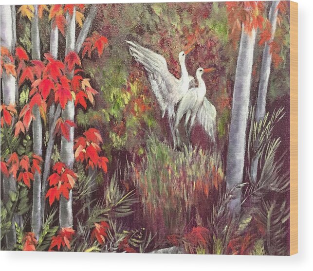 Cranes Wood Print featuring the painting Maple Wonderland by Vina Yang