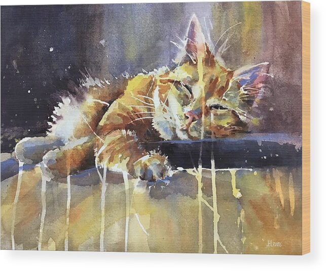 Cat Wood Print featuring the painting Melting into Dreamland by Judith Levins