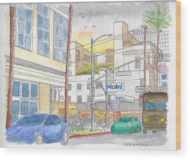 Mobil Gasoline Station Wood Print featuring the painting Mobil Gas Station, Sunset Blvd, Hollywood, California by Carlos G Groppa
