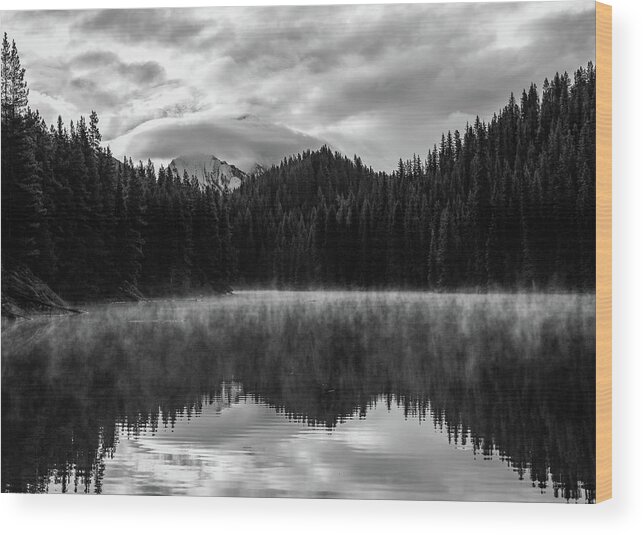 Moody Black And White Lake Reflection Wood Print featuring the photograph Moody Black And White Lake Reflection by Dan Sproul