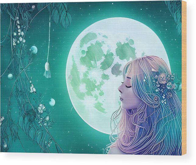 Digital Wood Print featuring the digital art Moon Behind Pretty Girl by Beverly Read