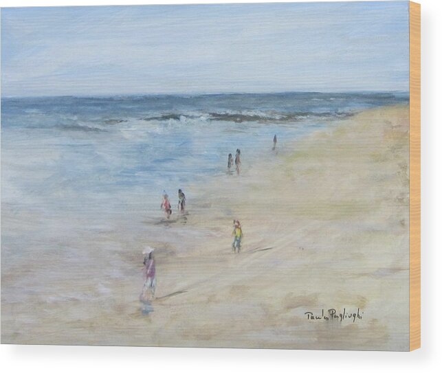 Painting Wood Print featuring the painting Morning Beach Crowd by Paula Pagliughi