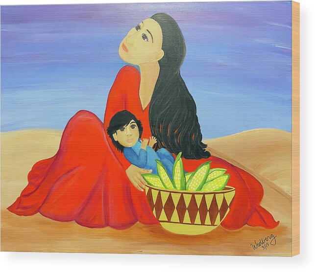 Southwestern Art Wood Print featuring the painting Mother and Corn by Christina Wedberg