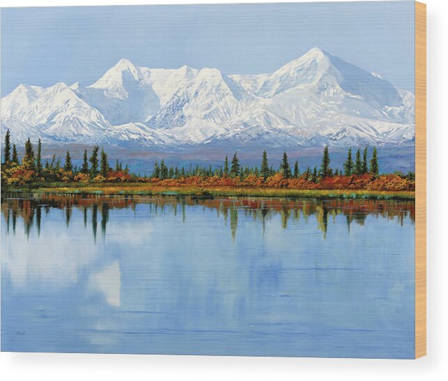 Alaska Wood Print featuring the painting mount Denali in Alaska by Guido Borelli