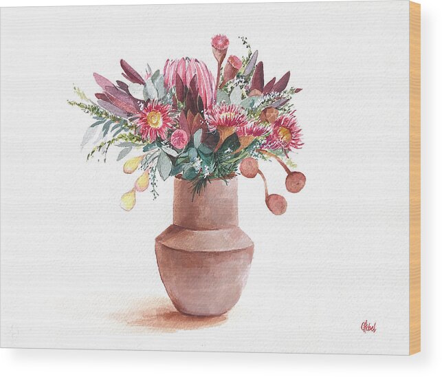 Australian Flowers Wood Print featuring the painting Native Flowers Still Life in Vase by Chris Hobel