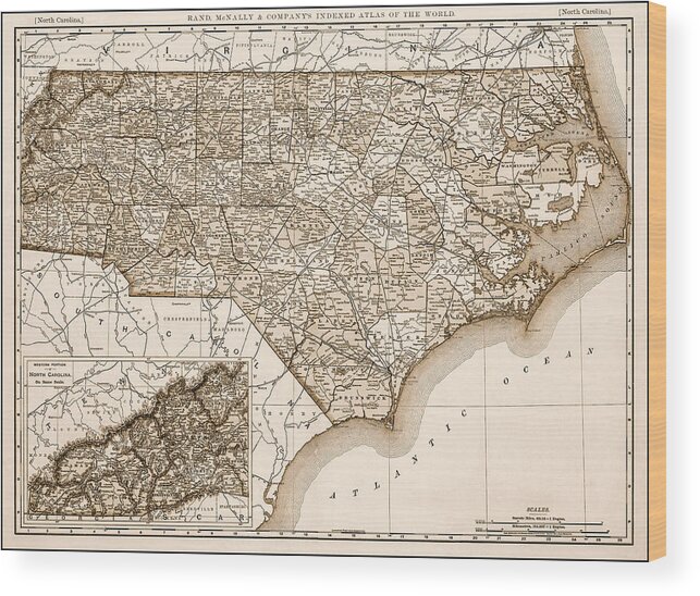 North Carolina Wood Print featuring the photograph North Carolina Vintage Map 1892 Sepia by Carol Japp