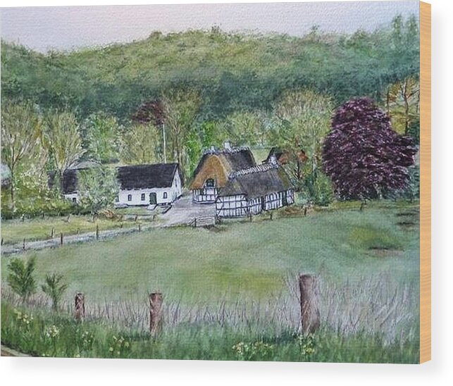 Landscape In Denmark Wood Print featuring the painting Old Danish Farm House by Kelly Mills