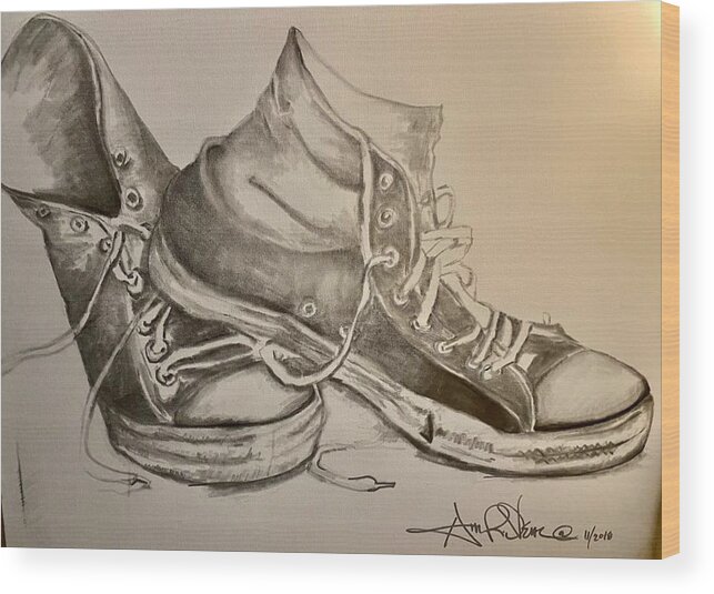  Wood Print featuring the drawing Ole Sneakers by Angie ONeal