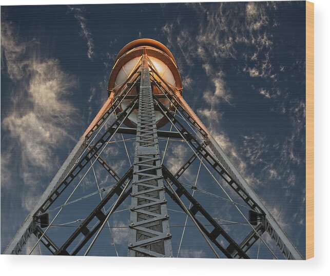 Oregon Wood Print featuring the photograph Oregon WI Tin-Man Water Tower glowing in setting sunlight - horizontal format option by Peter Herman