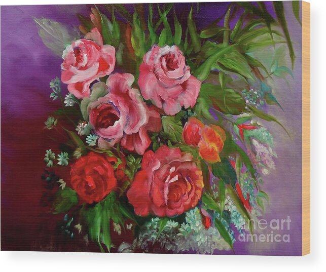 Pink Roses Wood Print featuring the painting Parade of Roses by Jenny Lee