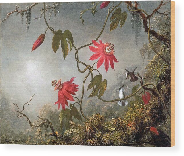 Passion Wood Print featuring the digital art Passion Flowers and Hummingbirds by Long Shot
