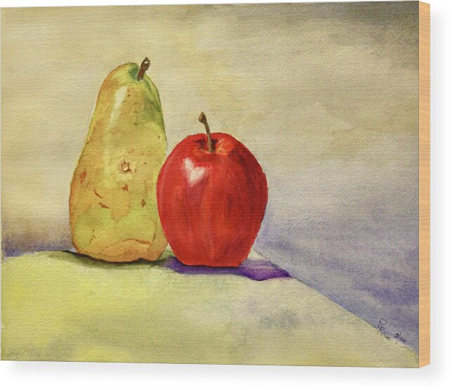 Fruit Wood Print featuring the painting Pear with Apple by Peggy Rose
